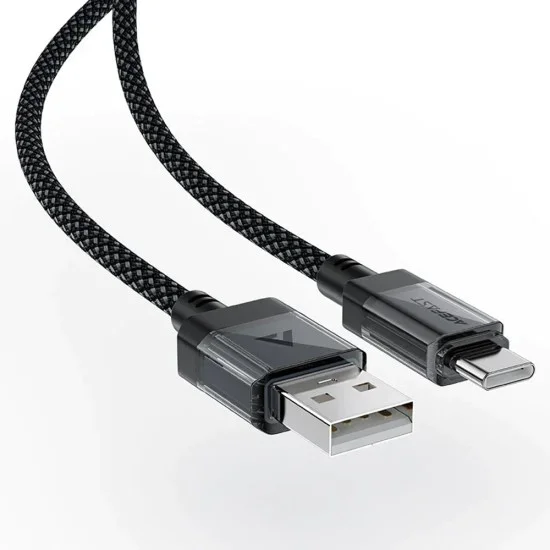 Acefast - Кабел за данни (C12-04) - Бързо зареждане, USB към Type-C, 3A, Прозрачен корпус, Плетена найлонова обвивка, 1.2 м - Черен