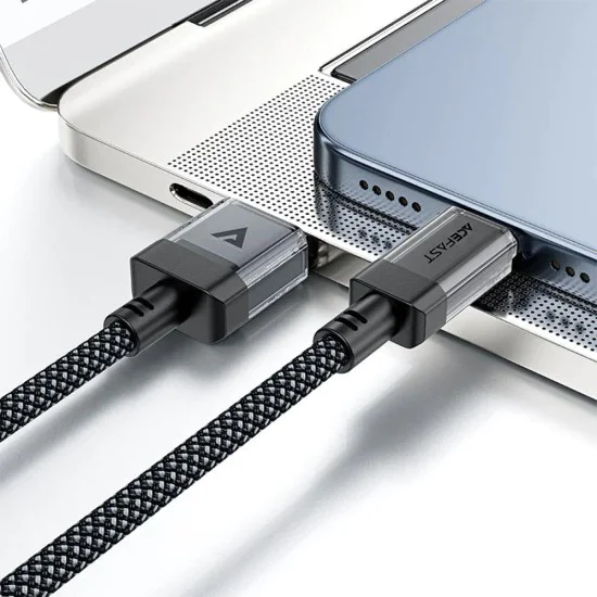 Acefast - Кабел за данни (C12-04) - Бързо зареждане, USB към Type-C, 3A, Прозрачен корпус, Плетена найлонова обвивка, 1.2 м - Черен