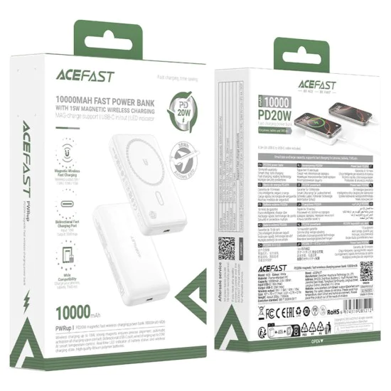 Магнитна безжична външна батерия (M26-10000) - Acefast - MagSafe, бързо зареждане, USB-C, 10000mAh, 20W - Бяло