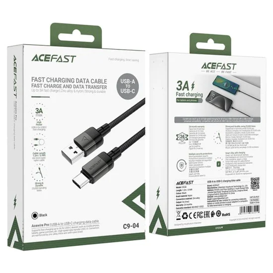 Acefast - Кабел за данни (C9-04) - USB към Type-C, бързо зареждане, 3A, оплетен найлон, 25 000 извивки, 1,2 м - Черен