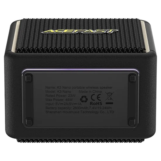Безжична колонка – Acefast Nano (K3) – Bluetooth 5.4, RGB светлини, Handsfree, USB / TF / AUX, IPX6, USB-C, 2600mAh – Черен