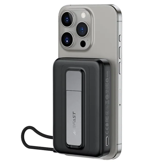Магнитна безжична външна батерия (M24-10000) - Acefast - с Type-C кабел, стойка, USB-C порт, 10000mAh, 22.5W, LED - Метално сиво