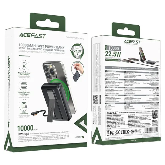 Магнитна безжична външна батерия (M24-10000) - Acefast - с Type-C кабел, стойка, USB-C порт, 10000mAh, 22.5W, LED - Метално сиво