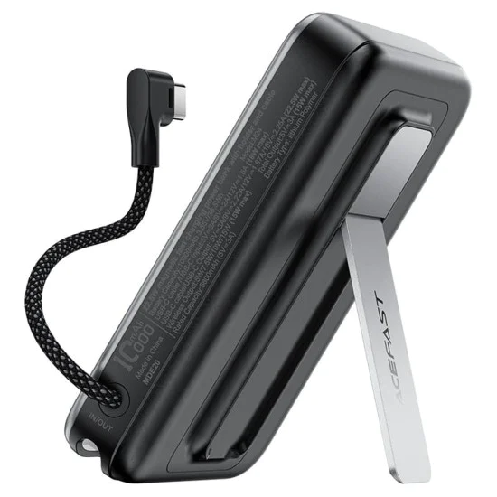 Магнитна безжична външна батерия (M24-10000) - Acefast - с Type-C кабел, стойка, USB-C порт, 10000mAh, 22.5W, LED - Метално сиво
