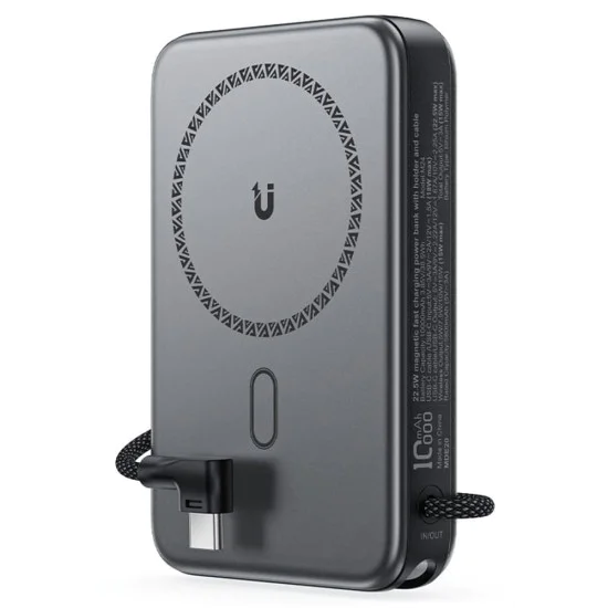 Магнитна безжична външна батерия (M24-10000) - Acefast - с Type-C кабел, стойка, USB-C порт, 10000mAh, 22.5W, LED - Метално сиво