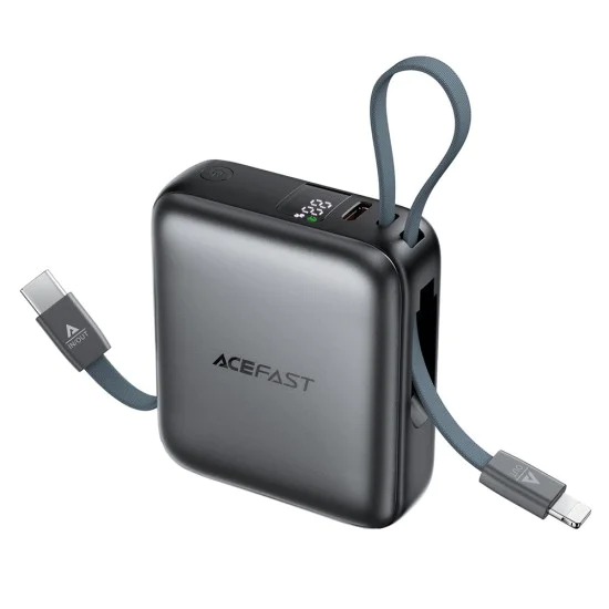 Външна батерия – Acefast (M23-10000) – с 2 вградени кабела, USB-C порт, 10000mAh, 22.5W, двупосочно бързо зареждане, LED – Сив