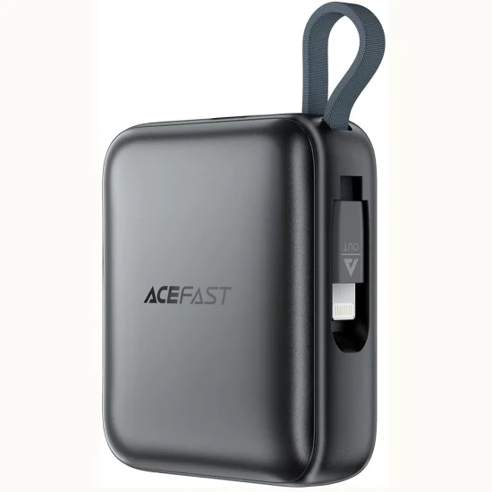 Външна батерия – Acefast (M23-10000) – с 2 вградени кабела, USB-C порт, 10000mAh, 22.5W, двупосочно бързо зареждане, LED – Сив
