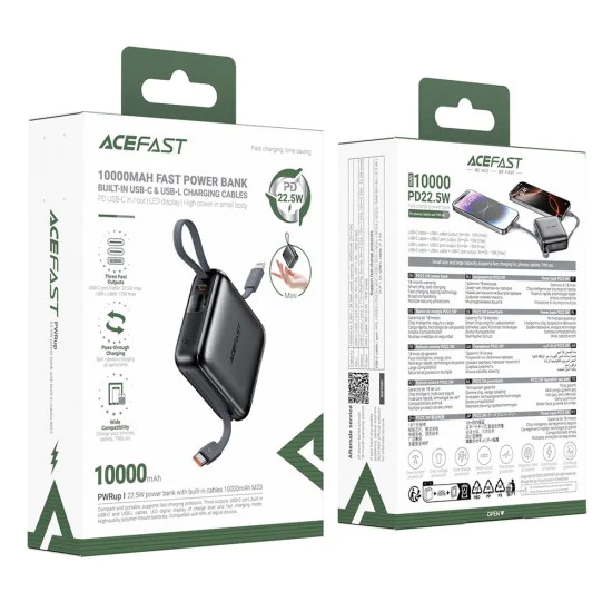 Външна батерия – Acefast (M23-10000) – с 2 вградени кабела, USB-C порт, 10000mAh, 22.5W, двупосочно бързо зареждане, LED – Сив