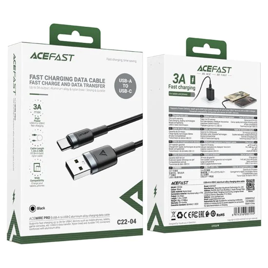 Кабел за данни / зареждане – Acefast C22-04 – USB към Type-C, Fast Charge, 3A, устойчив на прегъване, Nylon, 1.2m – Черен
