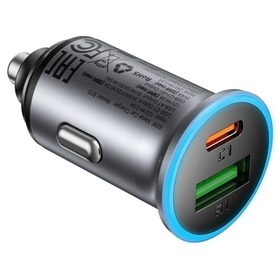 Зарядно за кола (B15) - Acefast - бързо зареждане, USB, Type-C, 65W, алуминиева сплав - Метално сиво