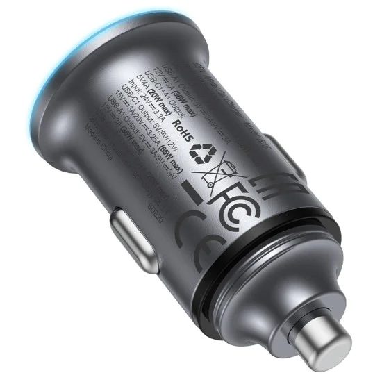 Зарядно за кола (B15) - Acefast - бързо зареждане, USB, Type-C, 65W, алуминиева сплав - Метално сиво