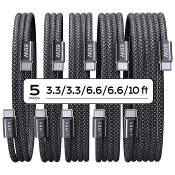 Кабел за данни (YL0123070010) (5 броя) - Lisen - Type-C, 60W, комплект (1м/1м/2м/2м/3м), оплетен - Черно