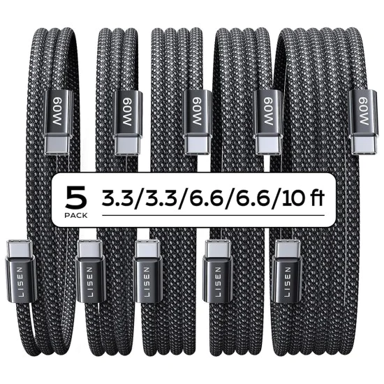 Кабел за данни (YL0123070010) (5 броя) - Lisen - Type-C, 60W, комплект (1м/1м/2м/2м/3м), оплетен - Черно