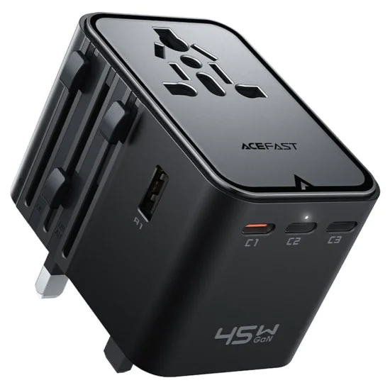 Универсален преходник за пътуване (Z8) - Acefast - 3x USB-C, 2x USB, (EU, UK, AUS, US), 45W, GaN - Черно