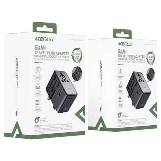 Универсален преходник за пътуване (Z8) - Acefast - 3x USB-C, 2x USB, (EU, UK, AUS, US), 45W, GaN - Черно
