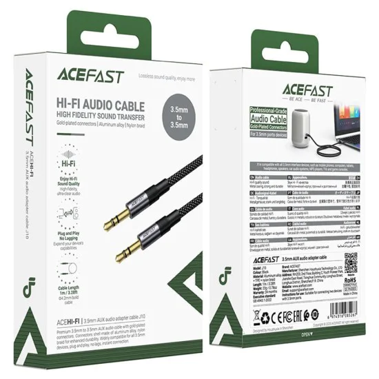 Аудио кабел (J10) - Acefast - 2x Jack 3.5мм (мъжки), найлонова оплетка, 1м - Черно