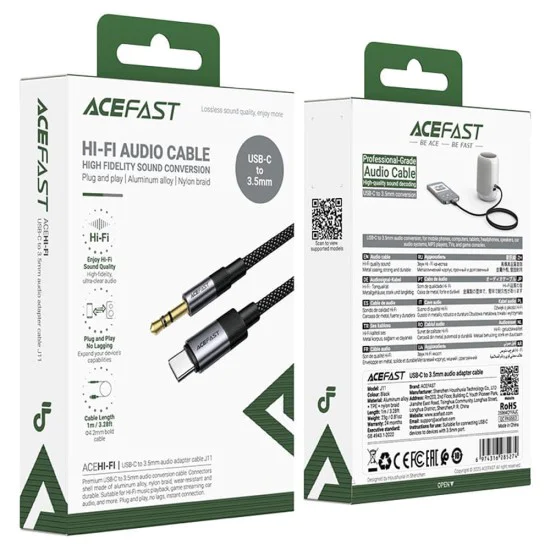 Аудио кабел (J11) - Acefast - Jack 3.5мм към Type-C, Hi-Fi звук, оплетен, 1м - Черно