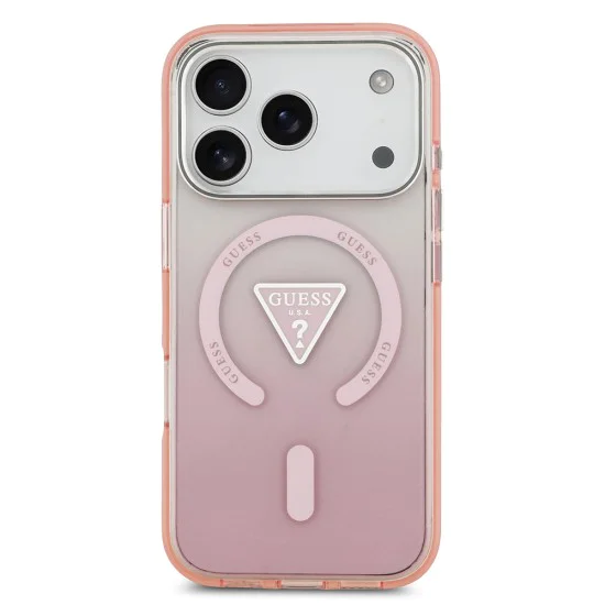Калъф за iPhone 17 Pro – с MagSafe – Guess (GUHMP17LHGTMLCGP) IML Gradient Triangle Logo – Розов