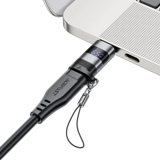 Acefast - Адаптер (J9) - с дигитален дисплей, Type-C към USB-C, 480Mbps, 20V/5A, бързо зареждане, пренос на данни - метално сив