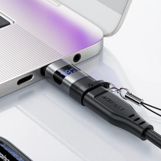 Acefast - Адаптер (J9) - с дигитален дисплей, Type-C към USB-C, 480Mbps, 20V/5A, бързо зареждане, пренос на данни - метално сив