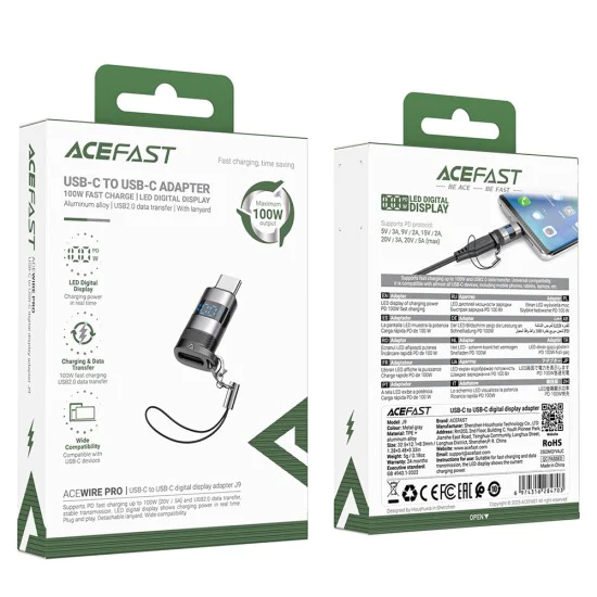 Acefast - Адаптер (J9) - с дигитален дисплей, Type-C към USB-C, 480Mbps, 20V/5A, бързо зареждане, пренос на данни - метално сив