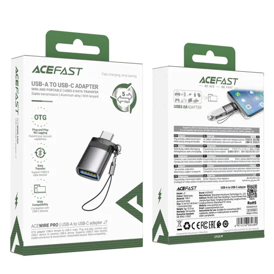 Acefast - Адаптер (J7) - с OTG функция, USB към Type-C, 10Gbps пренос на данни, бързо зареждане - метално сив