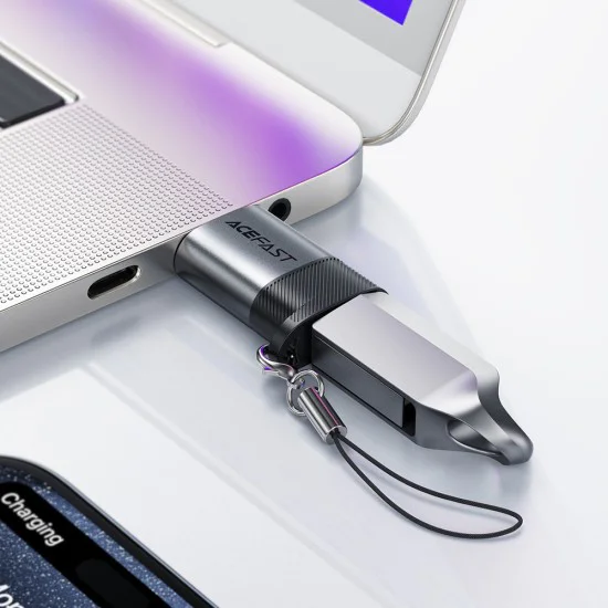 Acefast - Адаптер (J8) - Type-C към USB, 10Gbps пренос на данни, 27W, бързо зареждане - метално сив