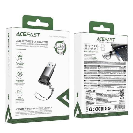 Acefast - Адаптер (J8) - Type-C към USB, 10Gbps пренос на данни, 27W, бързо зареждане - метално сив