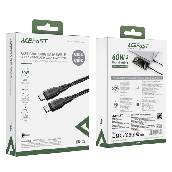 Acefast - Кабел за данни (C8-03) - Бързо зареждане, Type-C към Type-C, 60W, 3A, с найлонова оплетка, 25 000 извивки, 1.2 м - Черен
