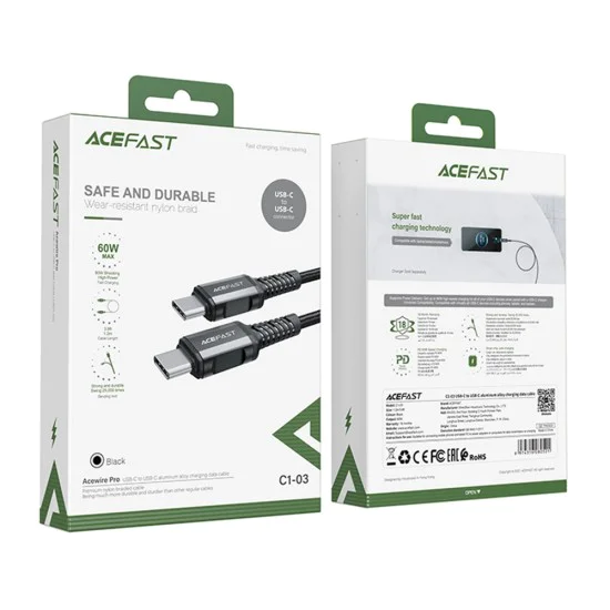 Acefast - Кабел за данни (C1-03) - Type-C към Type-C, 60W, 20V/3A, бързо зареждане, найлонова оплетка, 1.2 м - Черен