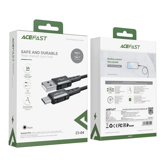 Acefast - Кабел за данни (C1-04) - USB към Type-C, 3A, бързо зареждане, найлонова оплетка, 1.2 м - Черен
