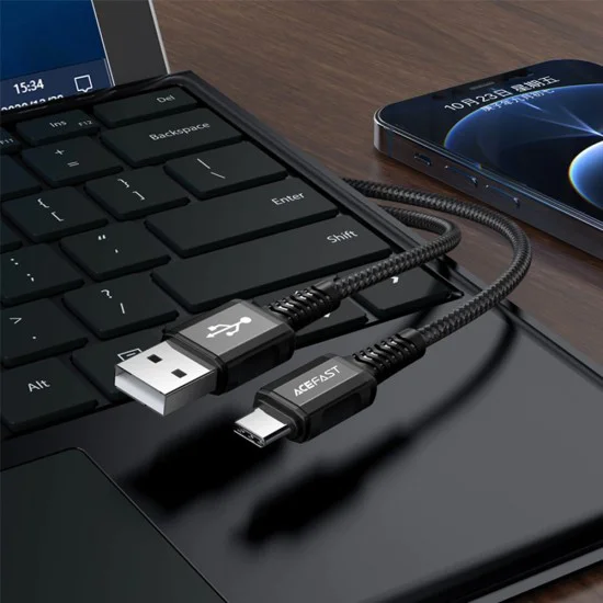 Acefast - Кабел за данни (C1-04) - USB към Type-C, 3A, бързо зареждане, найлонова оплетка, 1.2 м - Черен