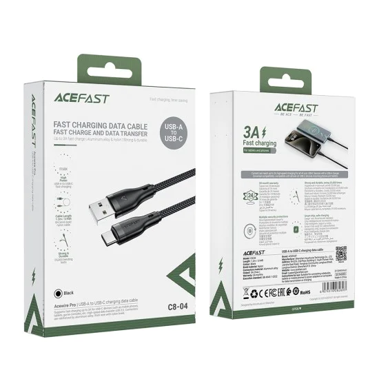 Acefast - Кабел за данни (C8-04) - Бързо зареждане, USB към Type-C, 3A, Найлонова оплетка, 25 000 извивки, 1.2 м - Черен