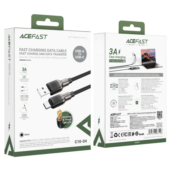 Acefast - Кабел за данни (C10-04) - Бързо зареждане, USB към Type-C, 3A, 25 000 огъвания, Издръжлив силикон, 1.2 м - Черен