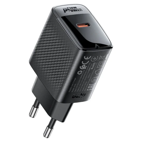 Acefast - Зарядно за стена (A102) - GaN, Бързо зареждане, Type-C, PD30W, Smart Chip - Черно