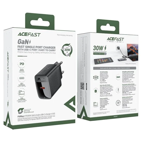 Acefast - Зарядно за стена (A102) - GaN, Бързо зареждане, Type-C, PD30W, Smart Chip - Черно