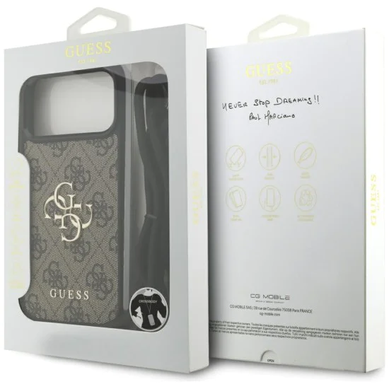 Калъф за iPhone 17 Pro Max - Guess - Hardcase 4G CBDY Big Logo с каишка за кабел (GUHCP17XP4GMGCRW) - Кафяв