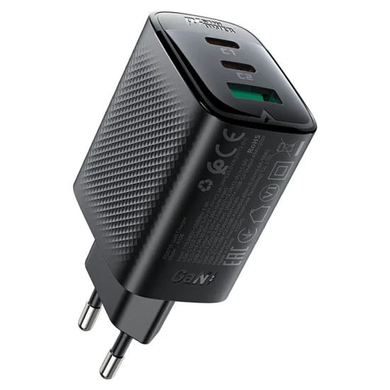 Acefast - Зарядно за стена (A108) - GaN, Бързо зареждане, 2x Type-C, USB, 67W, 3A, Smart Chip - Черно