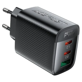 Acefast - Зарядно за стена (A108) - GaN, Бързо зареждане, 2x Type-C, USB, 67W, 3A, Smart Chip - Черно