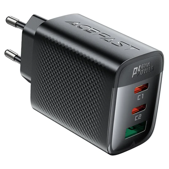 Acefast - Зарядно за стена (A108) - GaN, Бързо зареждане, 2x Type-C, USB, 67W, 3A, Smart Chip - Черно