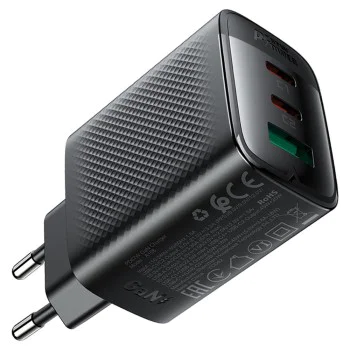 Acefast - Зарядно за стена (A108) - GaN, Бързо зареждане, 2x Type-C, USB, 67W, 3A, Smart Chip - Черно