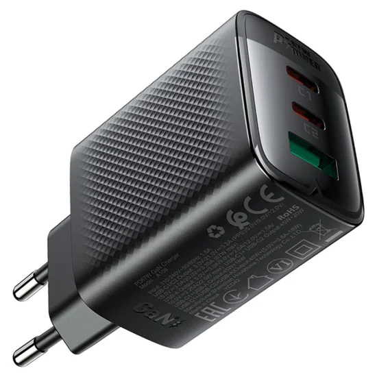 Acefast - Зарядно за стена (A108) - GaN, Бързо зареждане, 2x Type-C, USB, 67W, 3A, Smart Chip - Черно