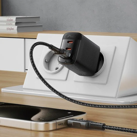 Acefast - Зарядно за стена (A108) - GaN, Бързо зареждане, 2x Type-C, USB, 67W, 3A, Smart Chip - Черно