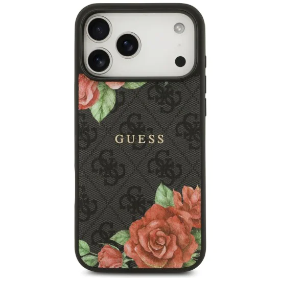 Калъф за iPhone 17 Pro - Guess - Hardcase 4G с принт на цветя MagSafe (GUHMP17LP4ROPEMCK) - Черен