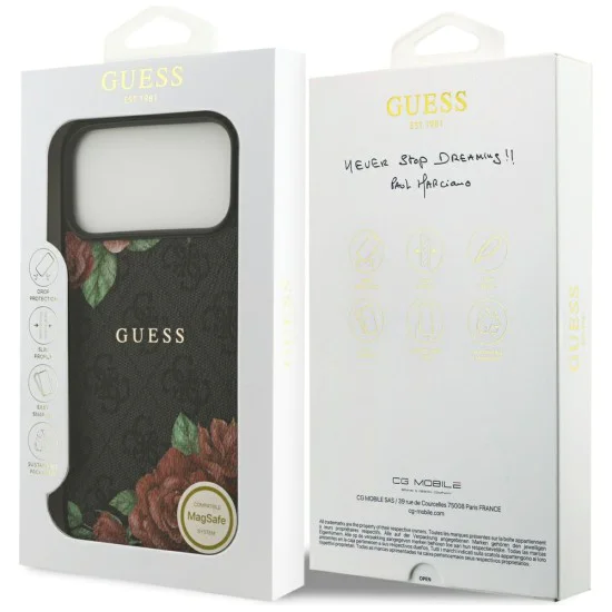 Калъф за iPhone 17 Pro - Guess - Hardcase 4G с принт на цветя MagSafe (GUHMP17LP4ROPEMCK) - Черен