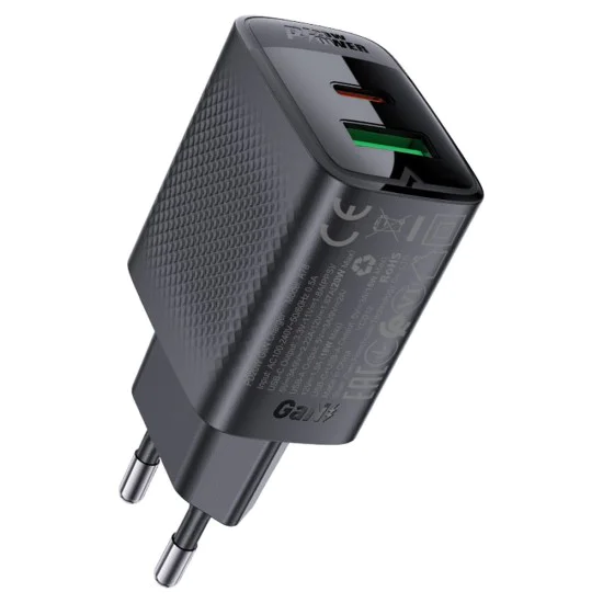Acefast - Зарядно за стена (A78) - GaN, Бързо зареждане, USB, Type-C, PD20W, 5V/3A, Smart Chip - Черно
