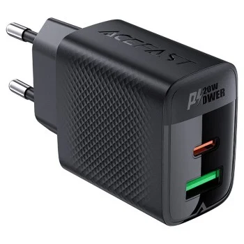 Acefast - Зарядно за стена (A78) - GaN, Бързо зареждане, USB, Type-C, PD20W, 5V/3A, Smart Chip - Черно
