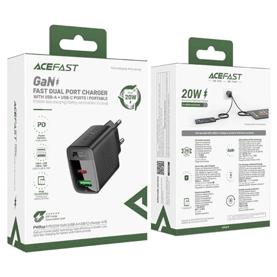 Acefast - Зарядно за стена (A78) - GaN, Бързо зареждане, USB, Type-C, PD20W, 5V/3A, Smart Chip - Черно