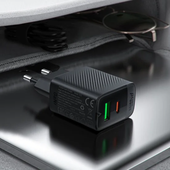 Acefast - Зарядно за стена (A78) - GaN, Бързо зареждане, USB, Type-C, PD20W, 5V/3A, Smart Chip - Черно