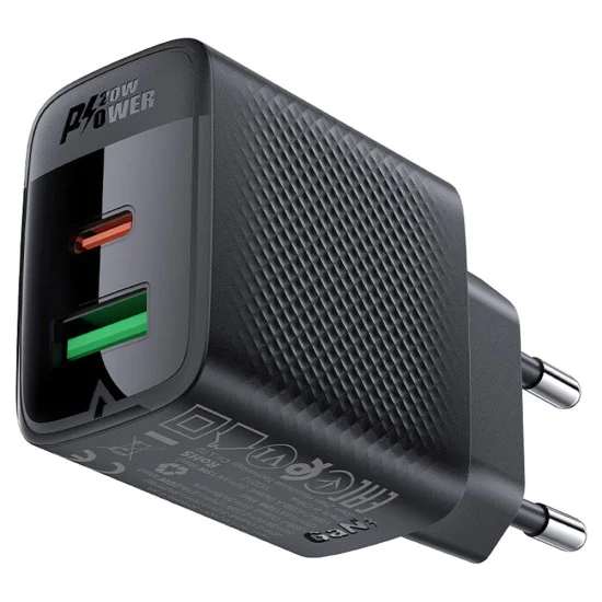 Acefast - Зарядно за стена (A78) - GaN, Бързо зареждане, USB, Type-C, PD20W, 5V/3A, Smart Chip - Черно